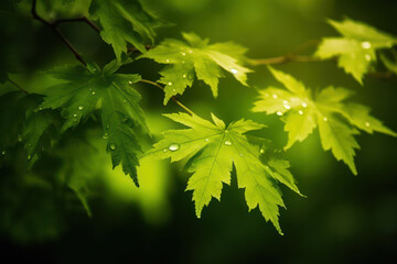 abstract background green young spring leaves on the blurred background of the park.copy space.Generative AI