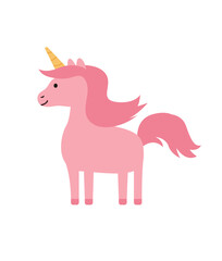 Concept Cartoon medieval fairy tale character unicorn. This illustration is a flat vector design featuring a character from a fairy tale, a pink unicorn, on a white background. Vector illustration.