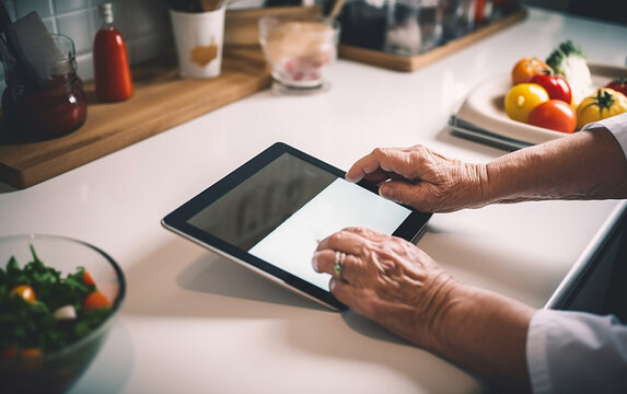Senior older hands using a tablet in a home kitchen for recipes. Generative AI