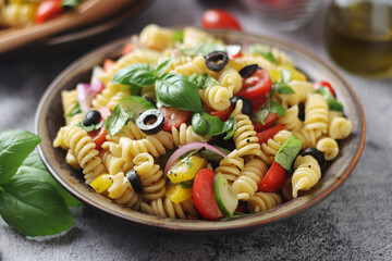 A bowl with traditional Italian pasta salad	