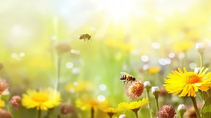Papier Peint photo Lavable Jaune Beautiful colorful summer spring natural flower background. Bees working on a bright sunny day with beautiful bokeh
