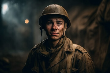 Obraz premium soldier in a helmet at war on battlefield. Generative AI