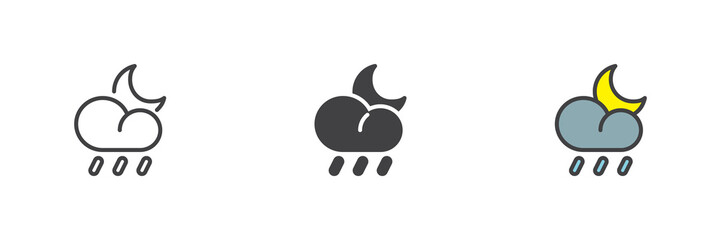 Cloud rain and moon different style icon set