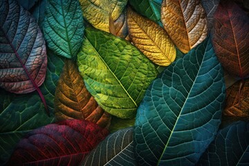 background of colored leaves of different plants. Generative AI