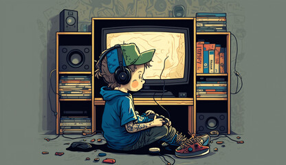 Adolescente intrappolato nelle console dei videogames - obrazy, fototapety, plakaty