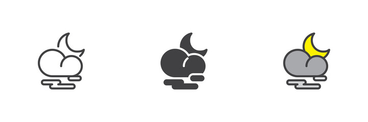Cloud fog and moon different style icon set