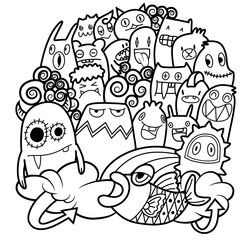 Hand-drawn illustrations, monsters doodle, Hand Drawn cartoon monster illustration,Cartoon crowd doodle hand-drawn Doodle style.black and white stripes coloring  book.
