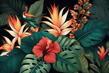 tropical flowers and birds on a dark background in a painting style. Generative AI