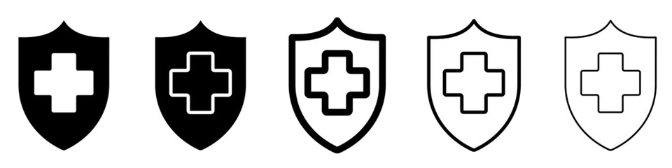Medical shield icons set. Black shield with medical cross. Save shield icon. Vector illustration. Abstract logo design