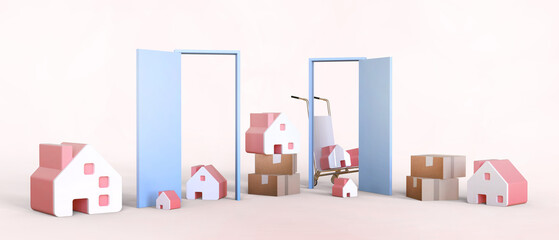 Door to starting small Housing with idea Creative. Real estate concept and developing a future profitable housing on Red background. copy space, banner, website, poste - 3d rendering