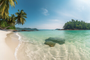 Naklejka premium Tropical beach paradise with a coconut palm tree ina white sand with blue sky. Generative AI