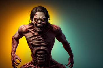 Obraz premium Creepy zombie. Portrait of ugly screaming monster on bright background. Generative AI.