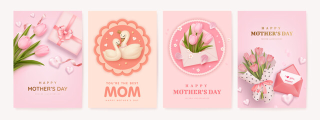 Mother's day vertical poster, banner or greeting card set with envelope, tulips and cartoon swan on pink background