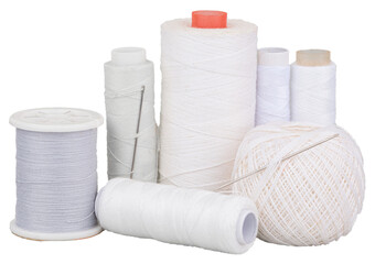 Fototapeta na wymiar Group of spools with white thread and needle for sewing, supply for sewing, isolated objects 