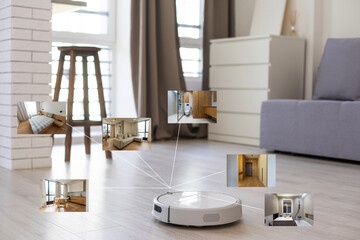 smart home application on robot vacuum cleaning floor in background in the modern living room.