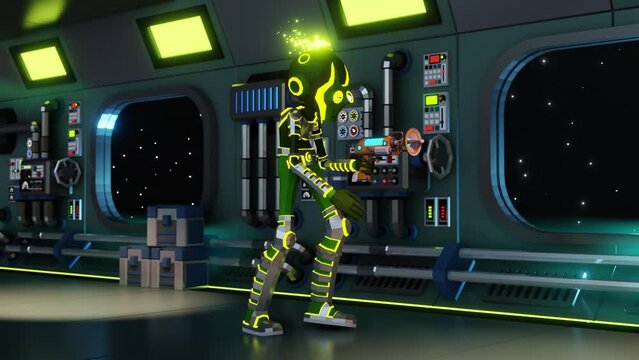 3D alien with blaster is walking down corridor of space station - cartoonish looped animation in low-poly style