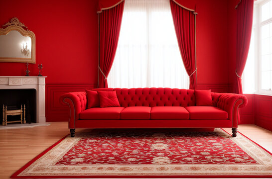 Big red sofa in red room. Bright interior in apartment. Generative AI.