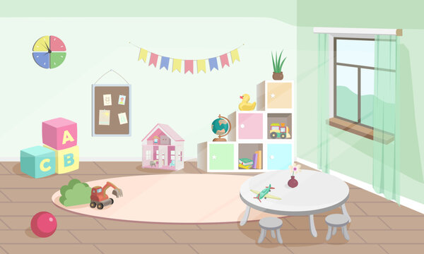 Kid room or kindergarten interior vector illustration. Empty background with table, child toys and boxes. Modern room with furniture, sunlight from window.