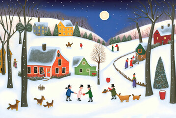 Naklejka premium Winter landscape of the house colorful children's illustrations,christmas tree in the city,winter landscape with house