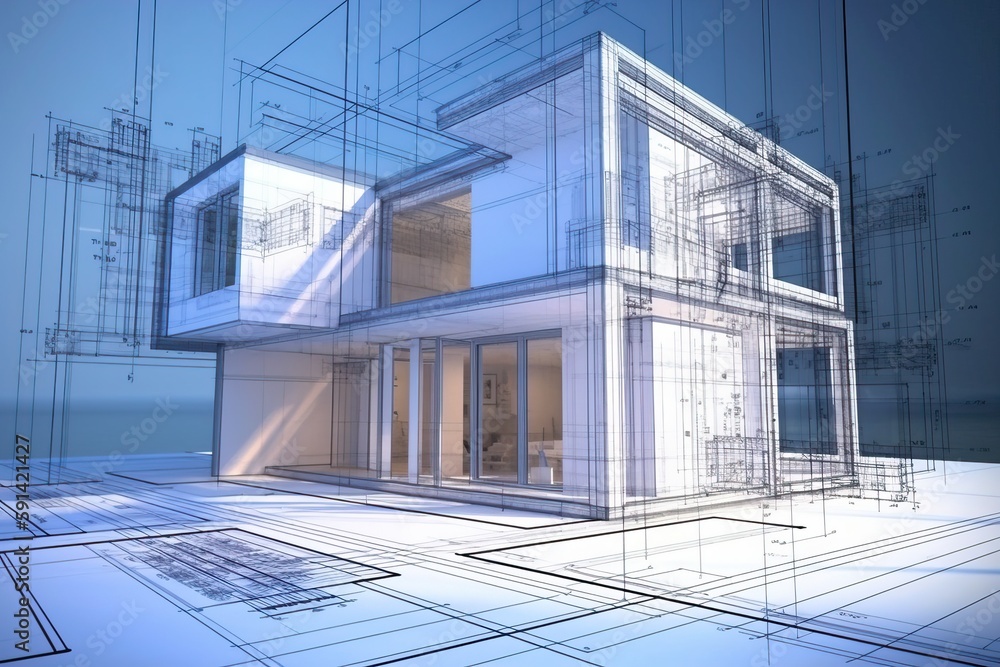 Poster Architecture 3D and blueprints representation, generative ai