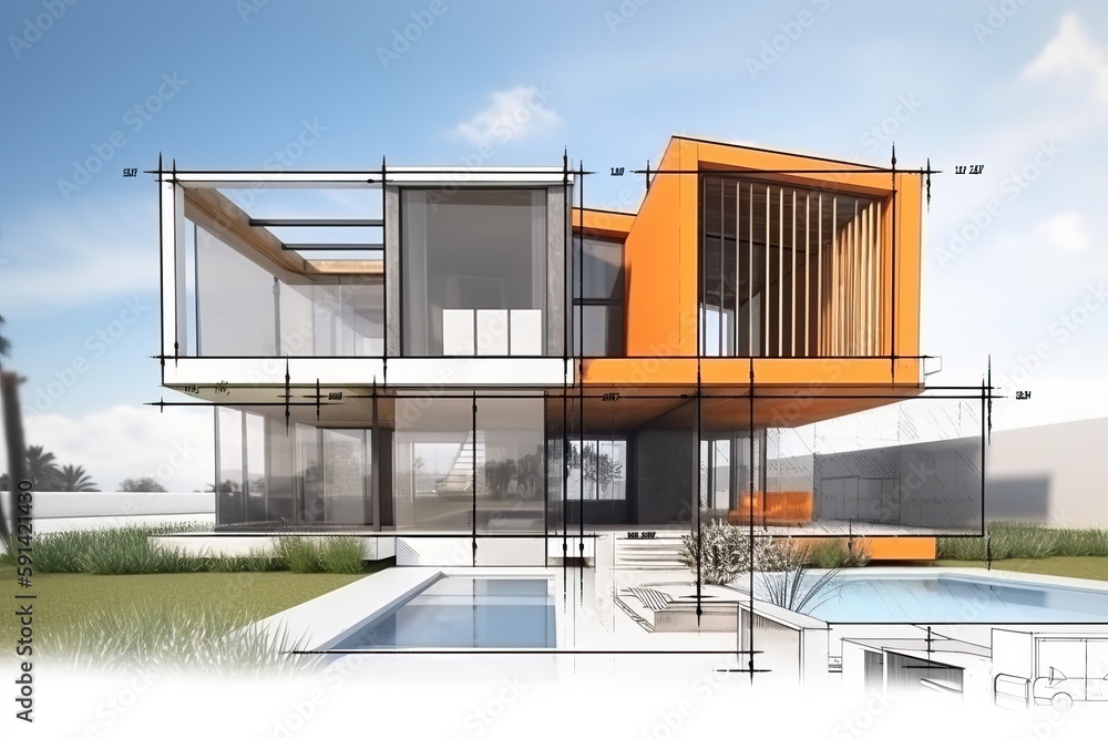 Poster Architecture 3D and blueprints representation, generative ai