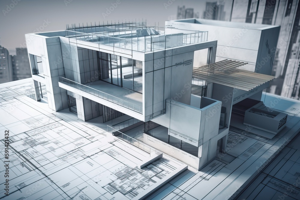 Poster Architecture 3D and blueprints representation, generative ai