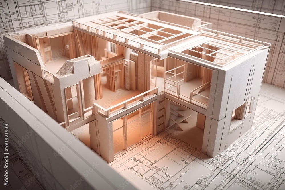 Poster Architecture 3D and blueprints representation, generative ai