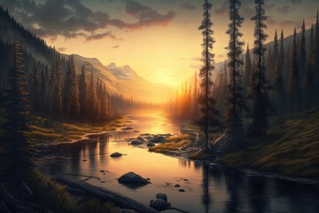 Fototapeta na wymiar serene mountain lake at sunset. Generative AI