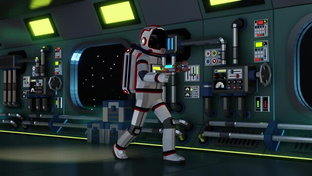3D astronaut in spacesuit with blaster is walking down corridor of spacecraft - cartoonish looped animation in low-poly style.