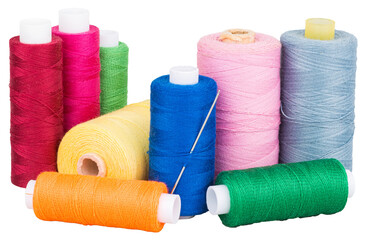 Spools with colorful thread and needle for sewing, supply for sewing, isolated objects on...