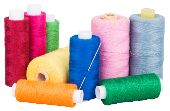 Spools with colorful thread and needle for sewing, supply for sewing, isolated objects on transparent background - Powered by Adobe