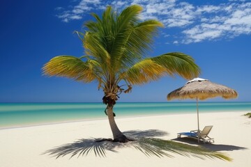 Fototapeta na wymiar serene tropical beach with a palm tree, chair, and umbrella. Generative AI