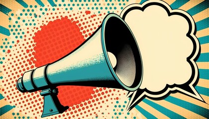Marketing concept with a megaphone and speech bubbles. Effective advertising communication strategies, trends and psychology. Use of social media, outreach, and engagement. Generative AI