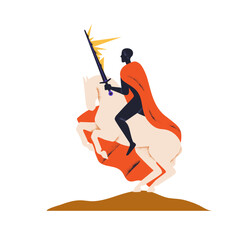 Warrior, horse rider with sword. Armored horseman, abstract brave hero in mantle on horseback, warhorse. Heroic power and courage concept. Flat vector illustration isolated on white background