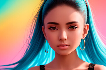 portrait of a beautiful girl with blue hair on a colorful background. Generative AI.