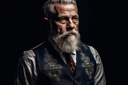 portrait of stylish old bearded retired man on black background. Generative AI