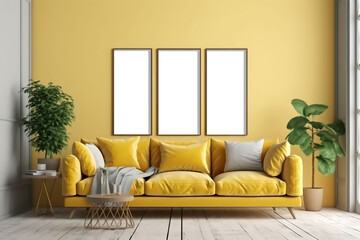 Modern composition of living room interior with yellow sofa, three mock up posters without text, on yellow background, plants and personal accessories in home decor. ai generated.