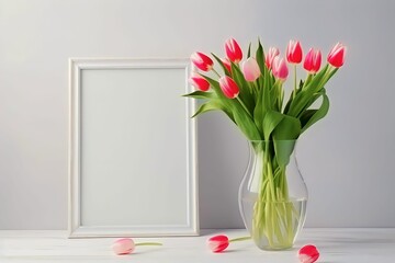 Mockup with pink tulips in a vase and a white frame on a light background. ai generated.
