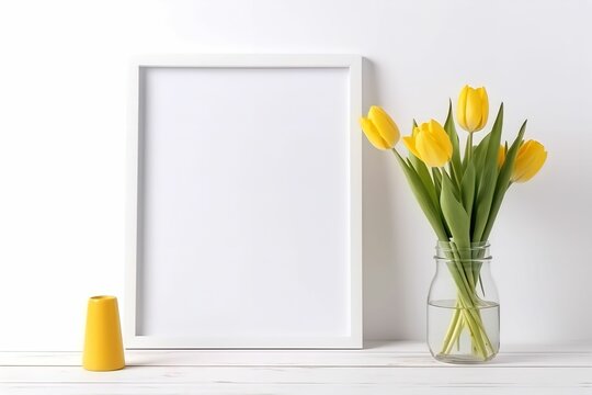 Mockup with yellow tulips in a vase and a white frame on a light background. ai generated.
