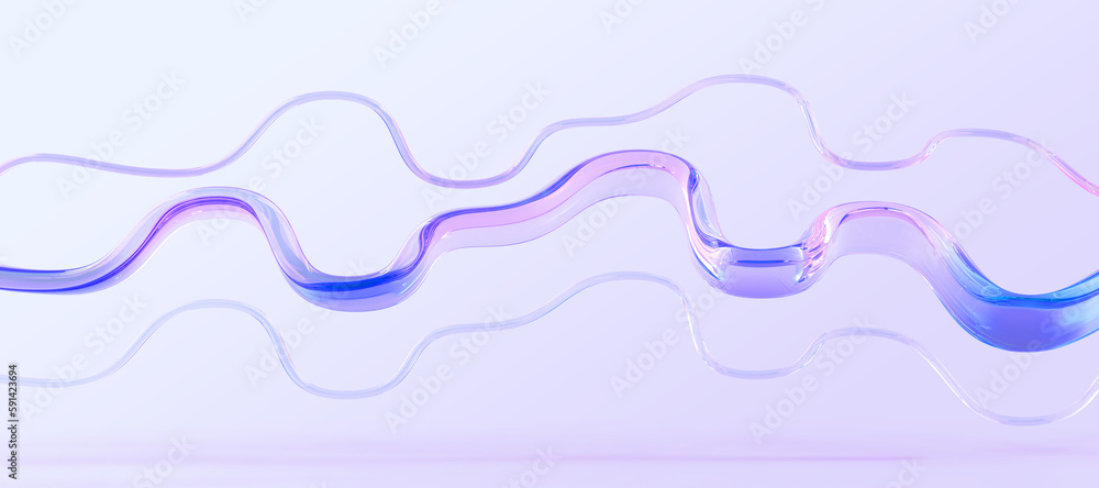 Poster holographic glass ribbons or wave lines on purple abstract background 3d render. iridescent transpar