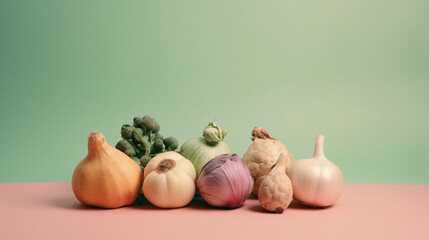 fresh vegetables on table with pastel tone plain background generative ai