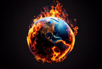 Fototapeta na wymiar The planet Earth on fire, with flames reaching high. The fiery globe sits on a white background with lots of negative space for copy or graphics. 3D Illustration. Generative AI