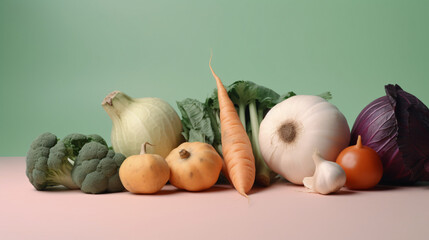 Obraz na płótnie Canvas fresh vegetables on table with pastel tone plain background generative ai