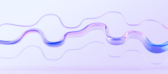 Holographic glass ribbons or wave lines on purple abstract background 3d render. Iridescent transparent curve geometric shapes with liquid gradient texture, dynamic pattern, wallpaper. 3D illustration