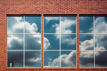 Fachada de edificio con cristalera reflejando el cielo nublado. Edificio estilo oficinas con grande ventanales y cielo nublado. Generative ai.