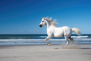Naklejka na ściany i meble White horse running on a beach with the clear blue sky. Animal in motion. Generative ai.