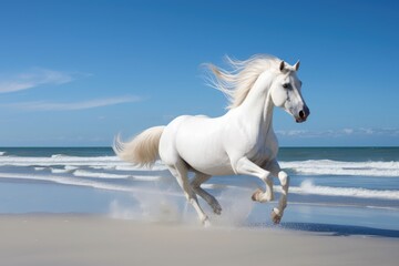 Naklejka na ściany i meble White stallion in gallop on the beach. Animal in motion. Generative ai.