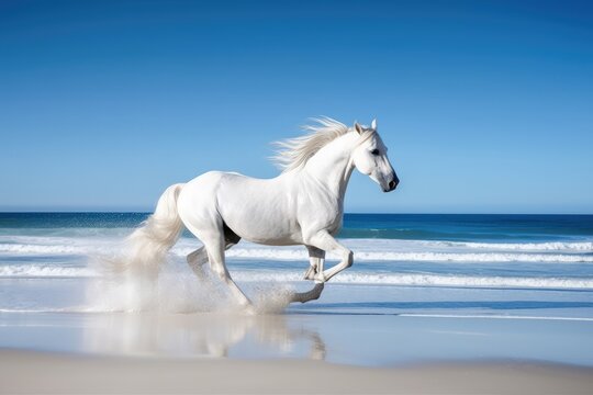 White horse in gallop on the beach. Animal in motion. Generative ai.