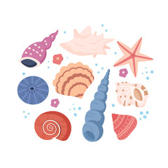 Colorful tropical sea shells mollusks isolated on white background.Underwater shellfish, ocean wildlife. Beach, summer concept. Design print for t shirt. Vector illustration in flat style