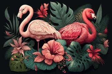 two pink flamingos in a tropical paradise. Generative AI